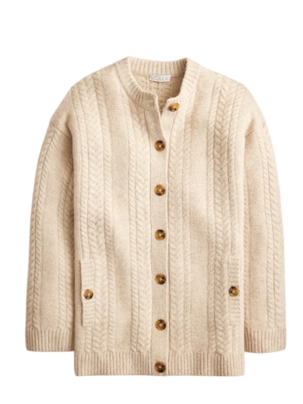 J. Crew Relaxed Cable Knit Cardigan Small Oatmeal Oversized Wool Cozy Layering